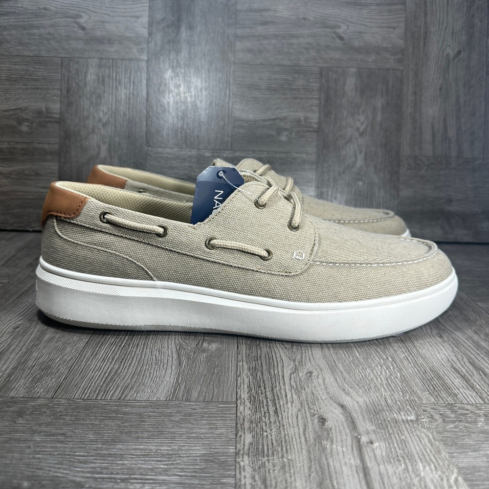 Nautica Ankar Boat Shoes Men 13 Tan Canvas Casual Nautical Loafers NEW